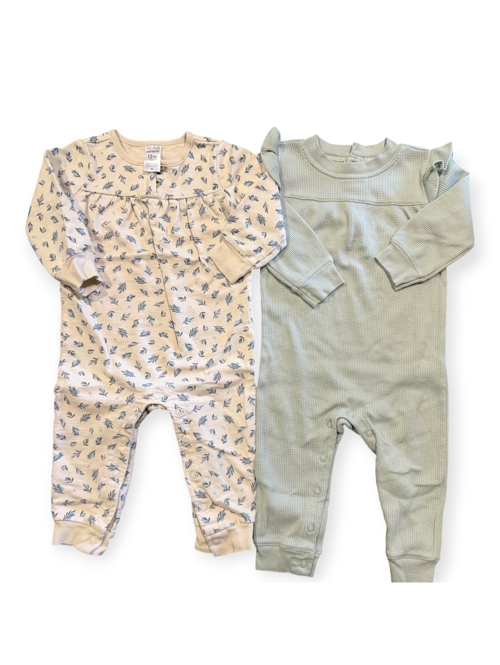 Carter's Baby Girl 12M Two-Pack Long Sleeve Cotton Rompers Floral and Solid Sage